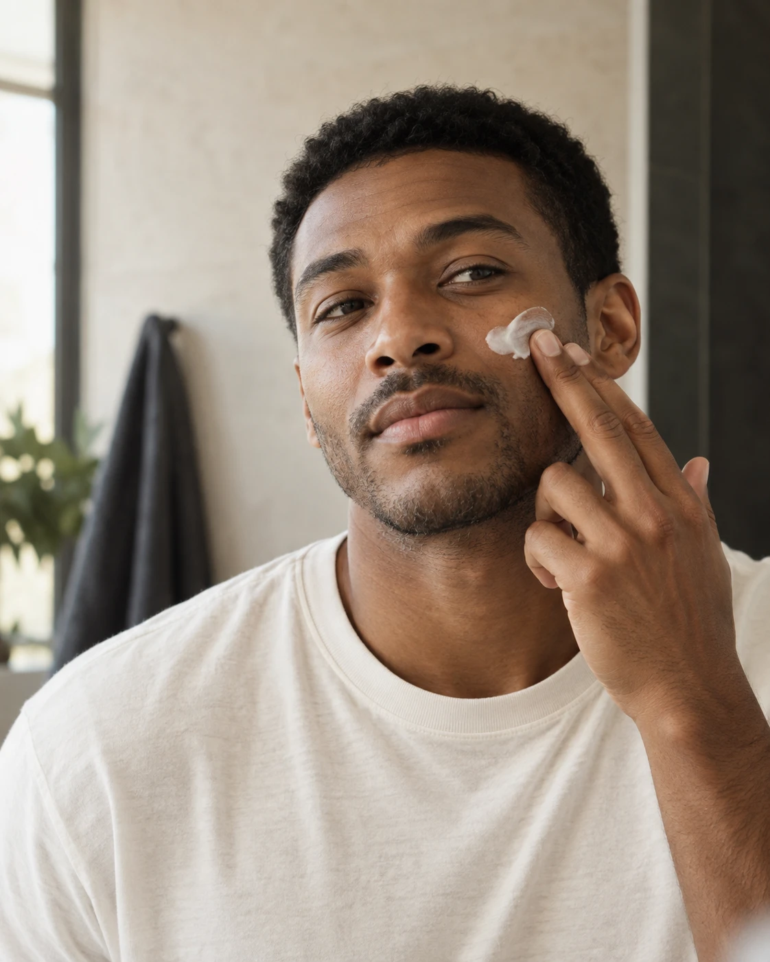 AI editorial image of a man applying skincare