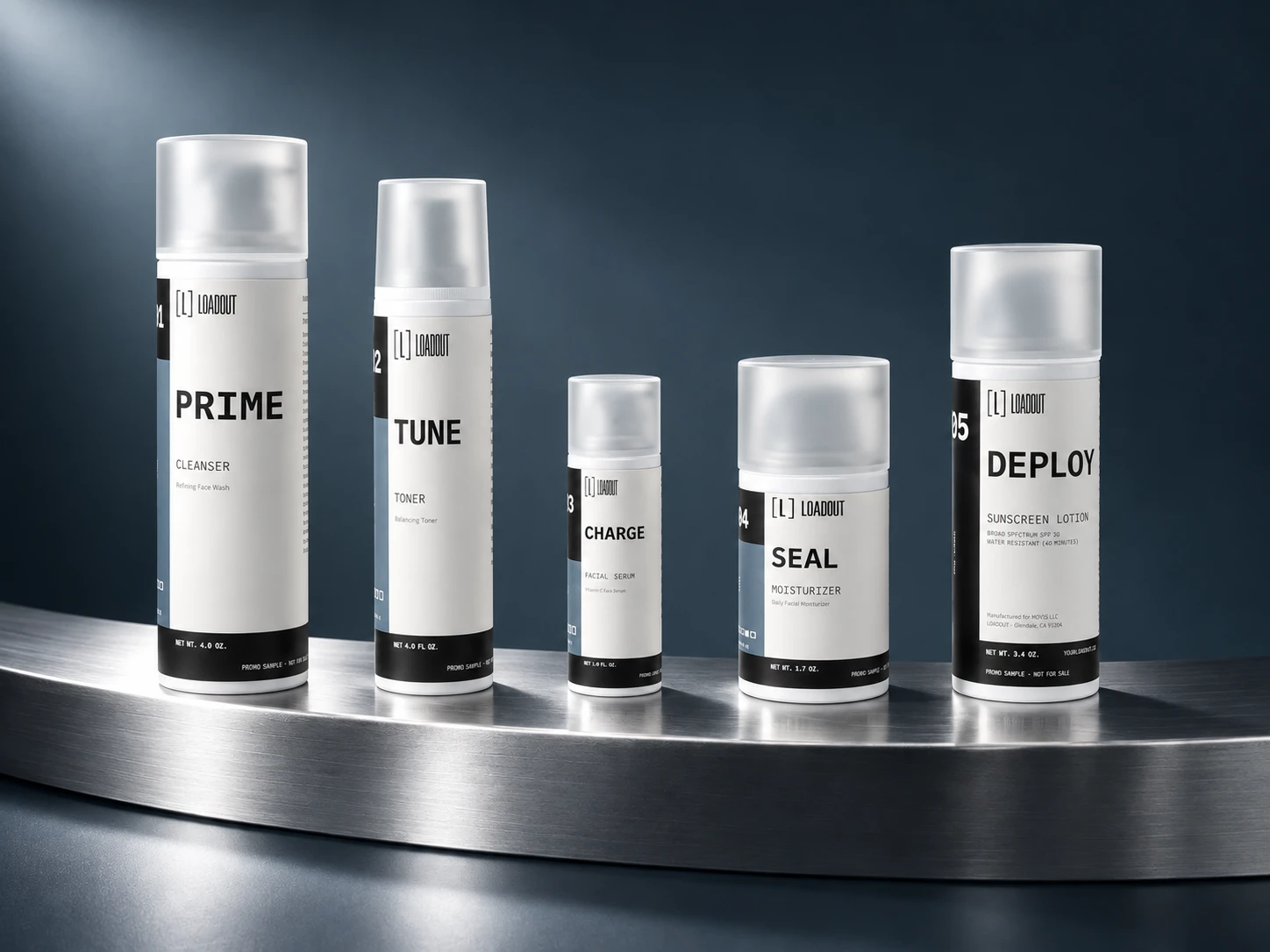 The five numbered LOADOUT products in the Oily lane, studio concept